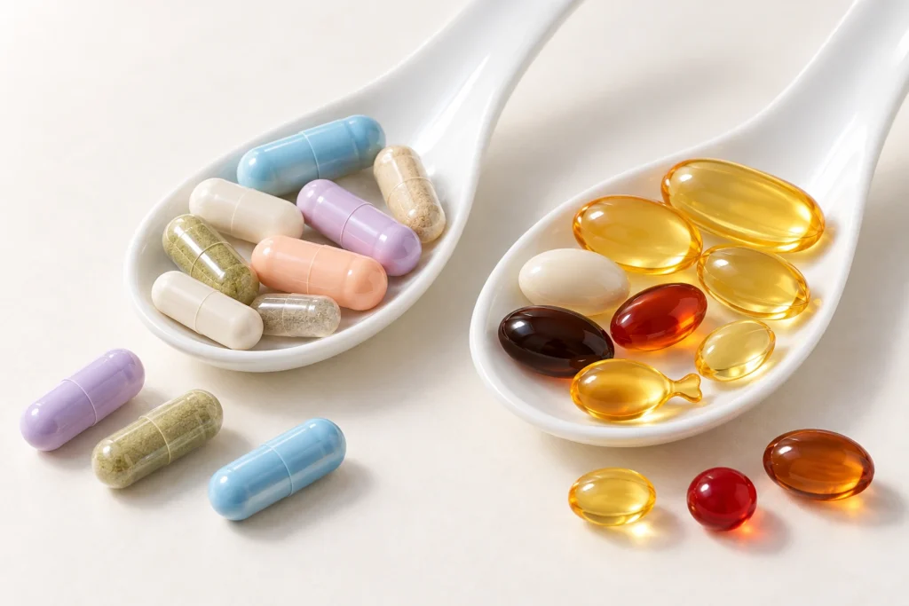 Assorted capsules and golden softgels on white spoons
