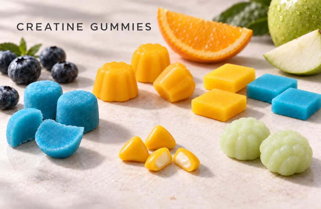 Creatine gummies in assorted fruit shapes and colors